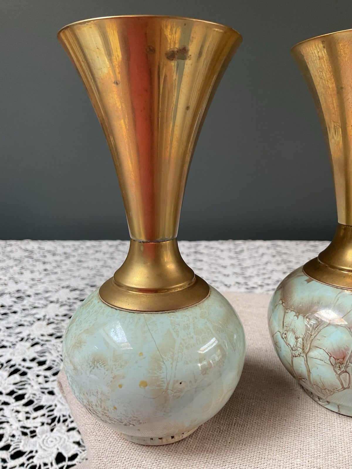 Pair of 15cm Vintage Handpainted Delft Holland Brass Neck Vases