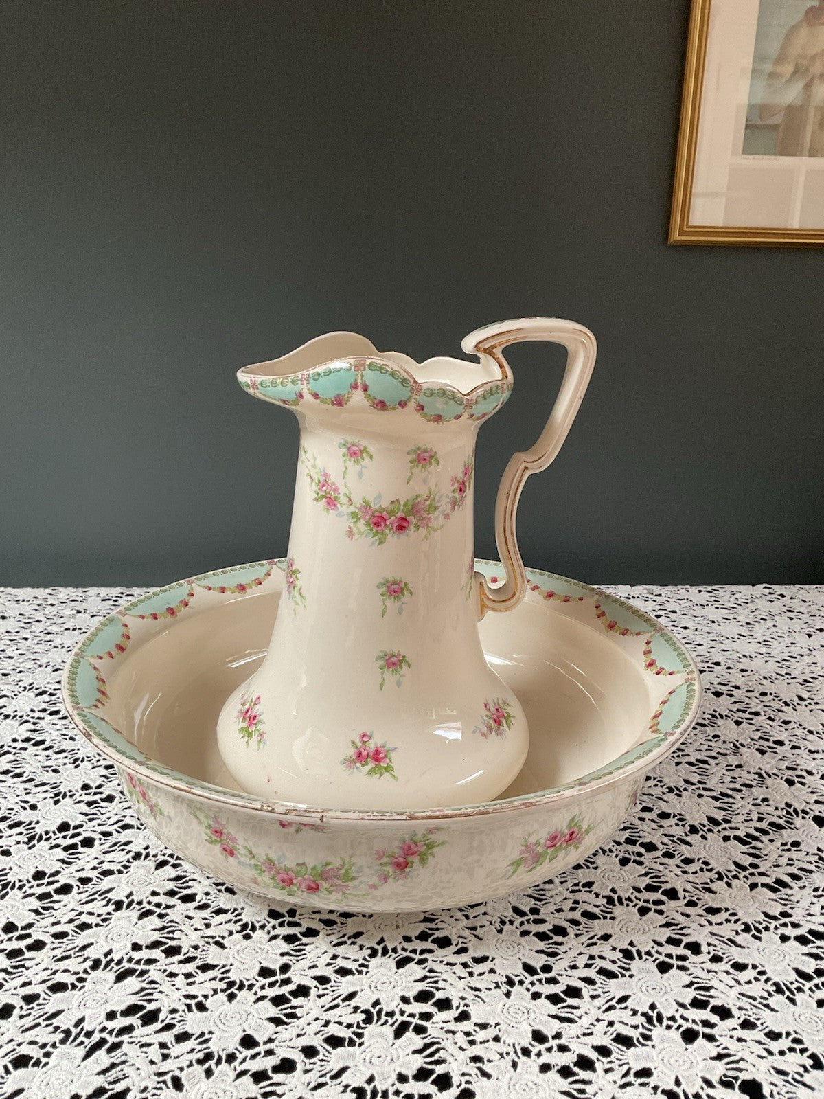 Antique Bavarian Wash Basin & Pitcher Set Dresden-Style Pink Rose (c. 1895–1915)