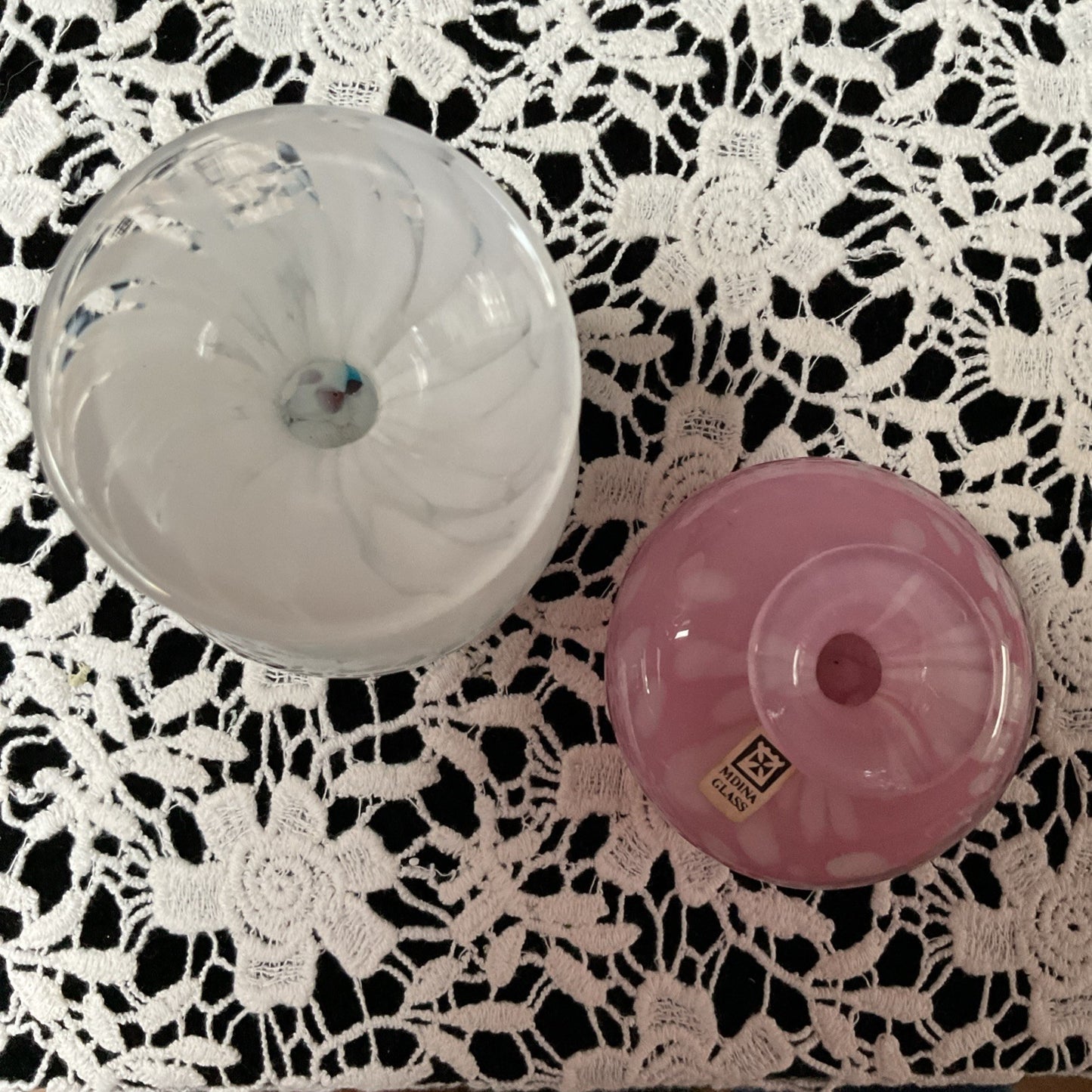 Mdina Glass Vases | Hand-Blown Maltese Art Glass Pair | Pink & Red-Blue Speckled