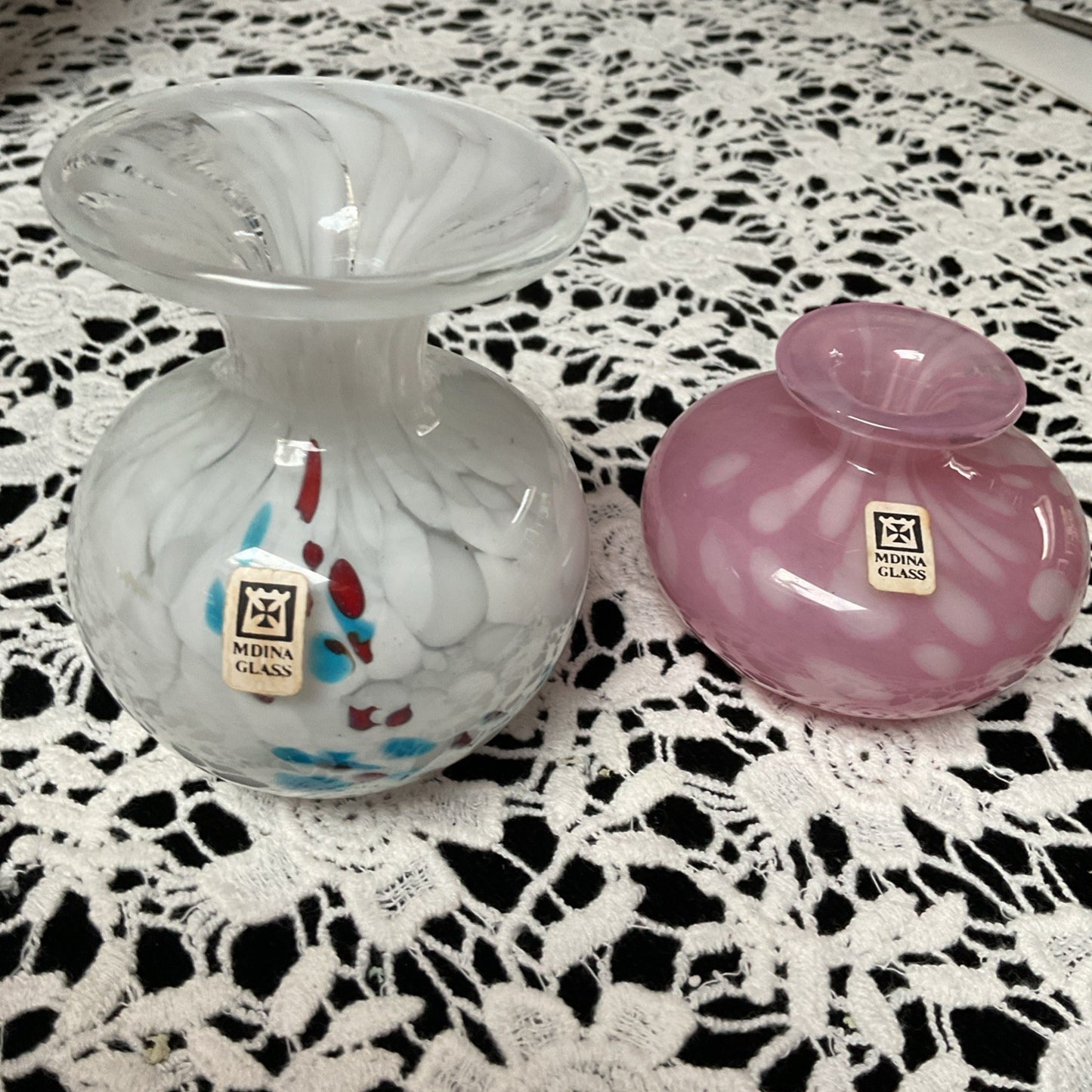 Mdina Glass Vases | Hand-Blown Maltese Art Glass Pair | Pink & Red-Blue Speckled