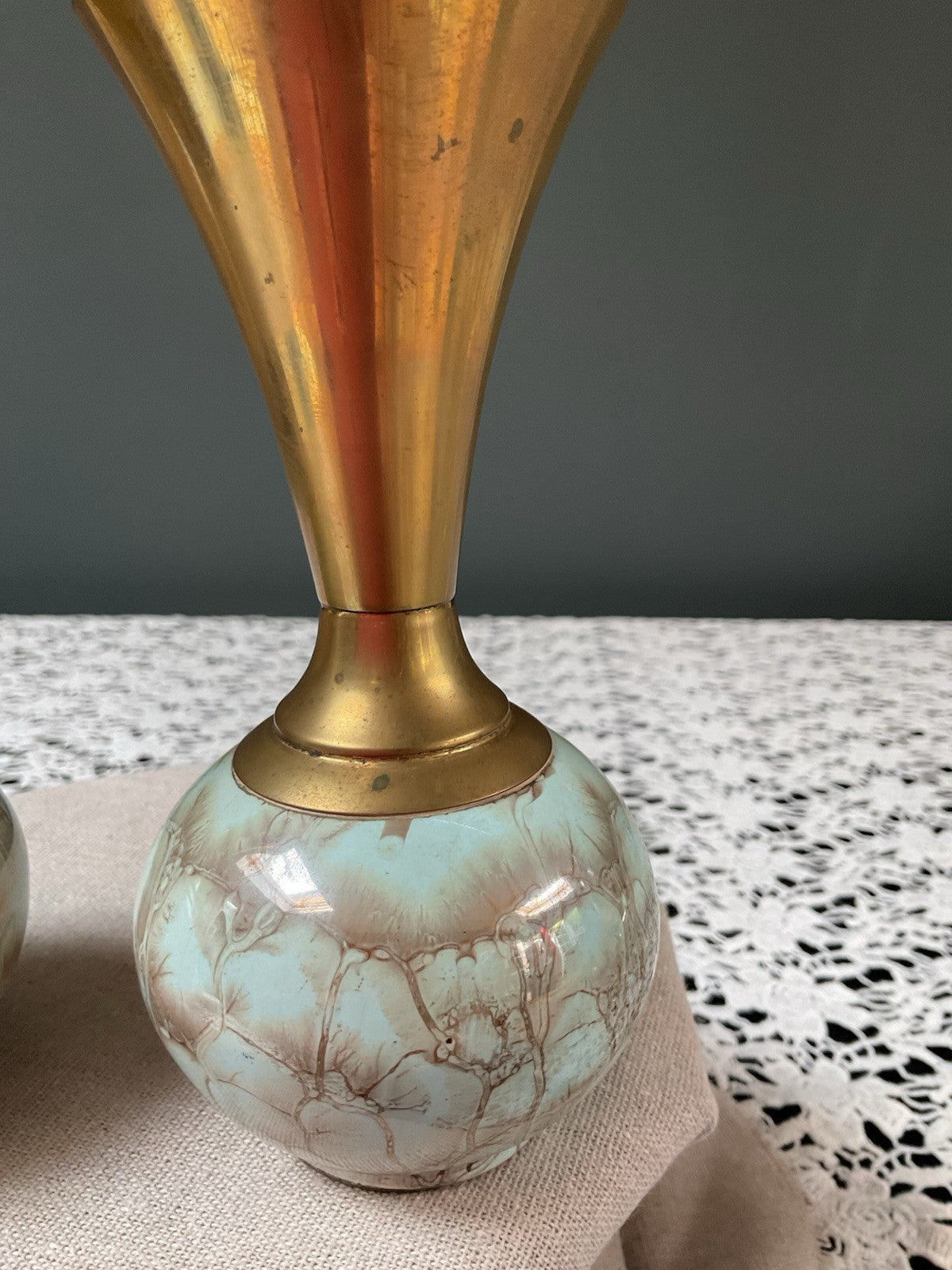 Pair of 15cm Vintage Handpainted Delft Holland Brass Neck Vases