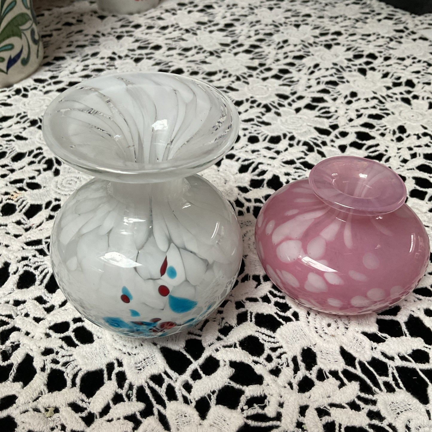 Mdina Glass Vases | Hand-Blown Maltese Art Glass Pair | Pink & Red-Blue Speckled