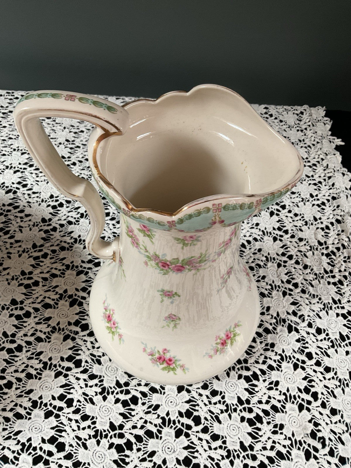 Antique Bavarian Wash Basin & Pitcher Set Dresden-Style Pink Rose (c. 1895–1915)