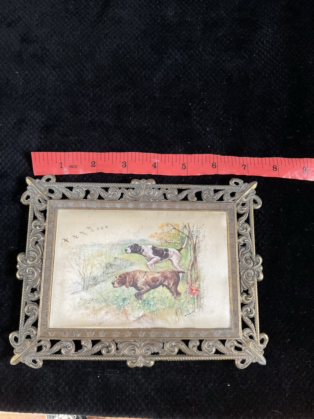 Pair of Antique Dog Hunting Scene Prints – Ornate Cast Metal Frames