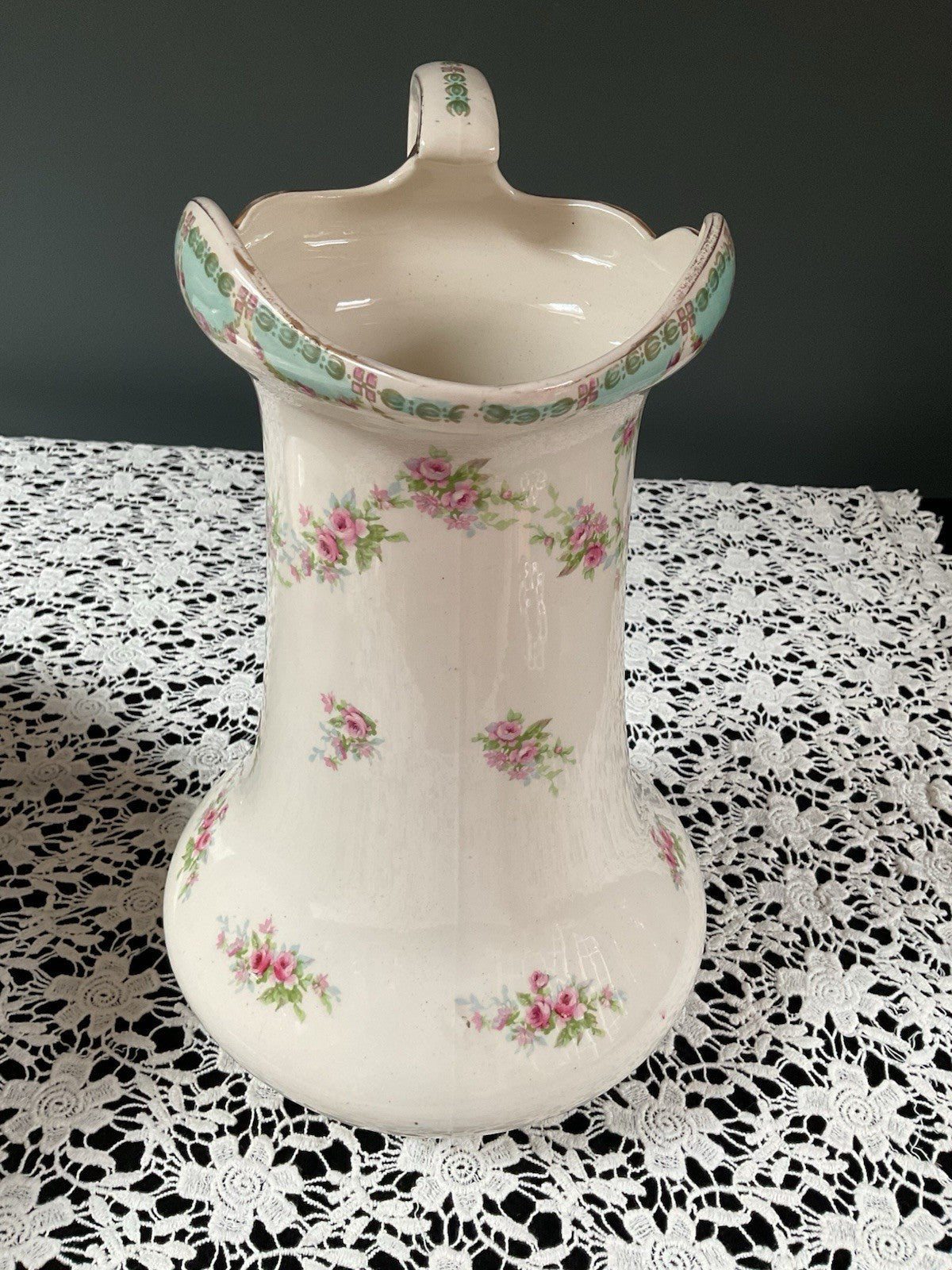 Antique Bavarian Wash Basin & Pitcher Set Dresden-Style Pink Rose (c. 1895–1915)