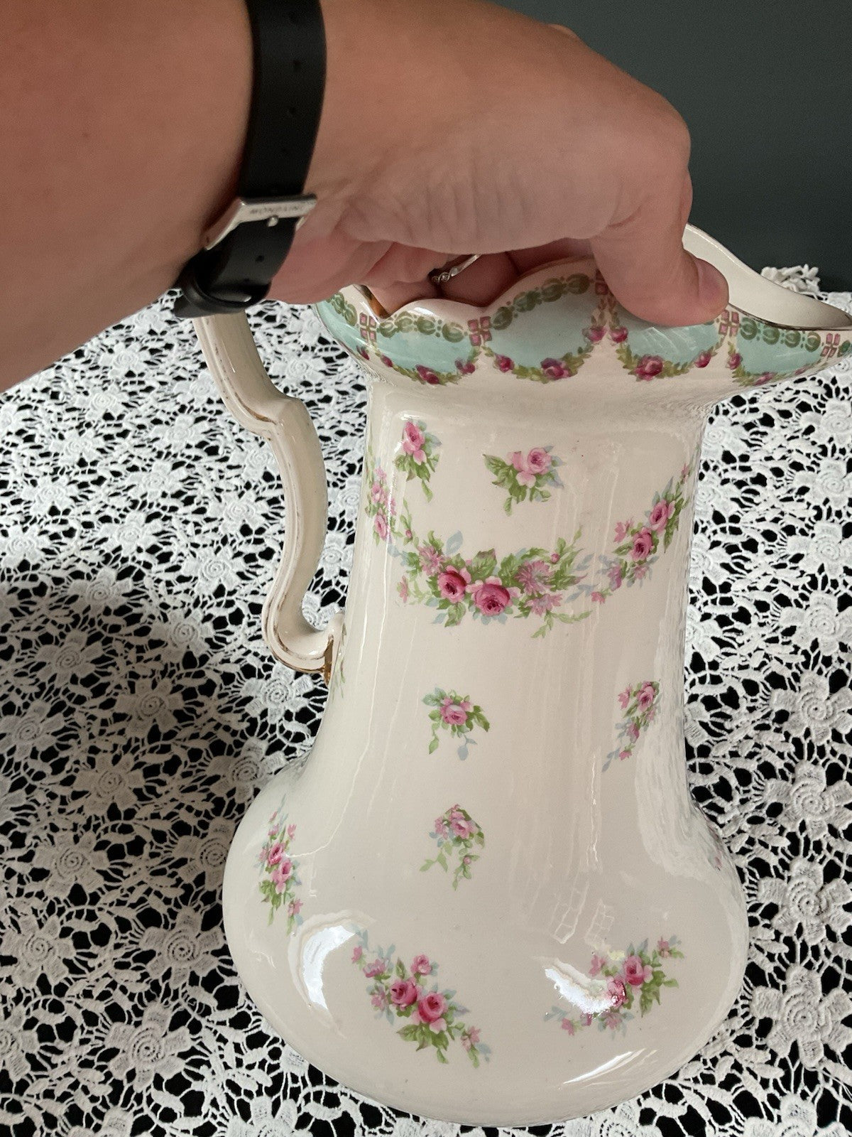Antique Bavarian Wash Basin & Pitcher Set Dresden-Style Pink Rose (c. 1895–1915)