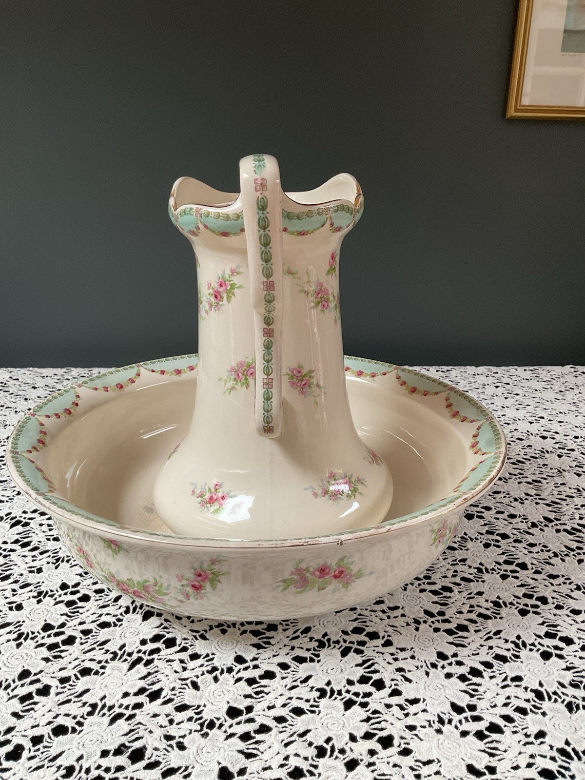 Antique Bavarian Wash Basin & Pitcher Set Dresden-Style Pink Rose (c. 1895–1915)