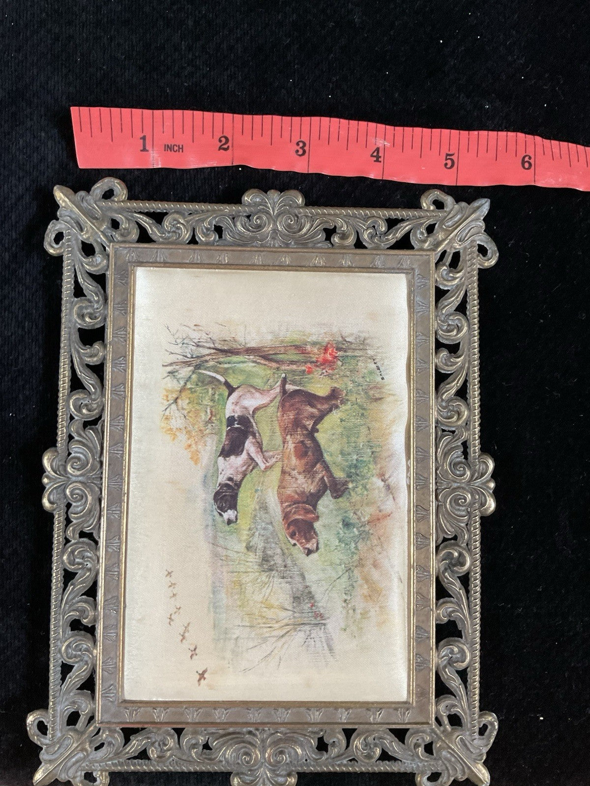 Pair of Antique Dog Hunting Scene Prints – Ornate Cast Metal Frames