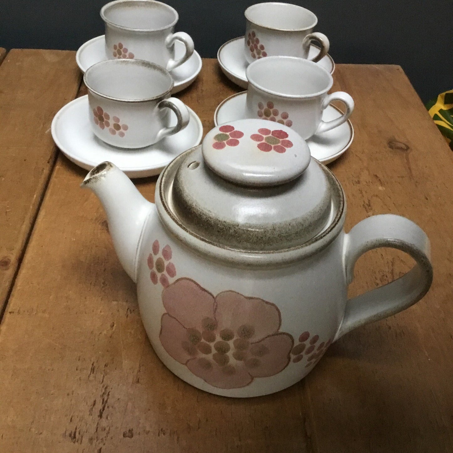 Vintage 70s Denby Gypsy Stoneware Teacup Saucer Set of 8 w/ Sugar Teapot, cruet