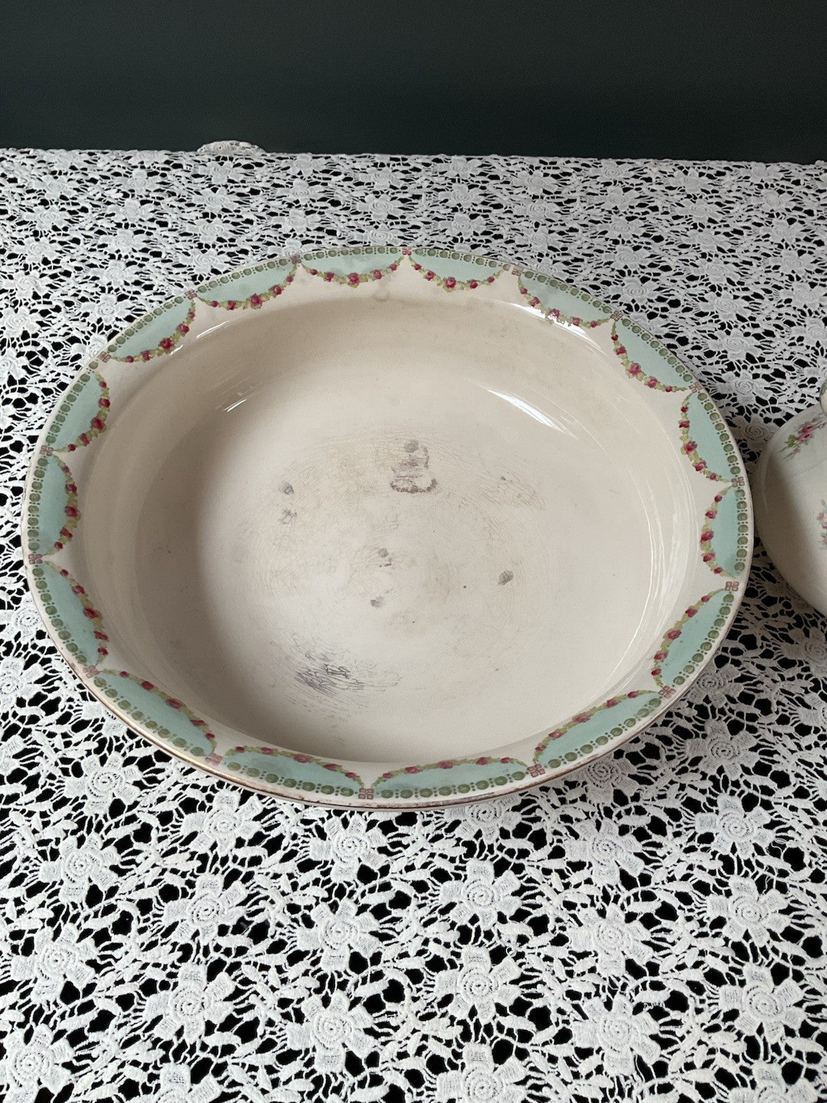 Antique Bavarian Wash Basin & Pitcher Set Dresden-Style Pink Rose (c. 1895–1915)