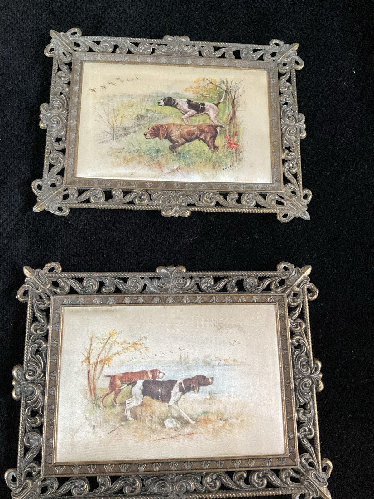 Pair of Antique Dog Hunting Scene Prints – Ornate Cast Metal Frames