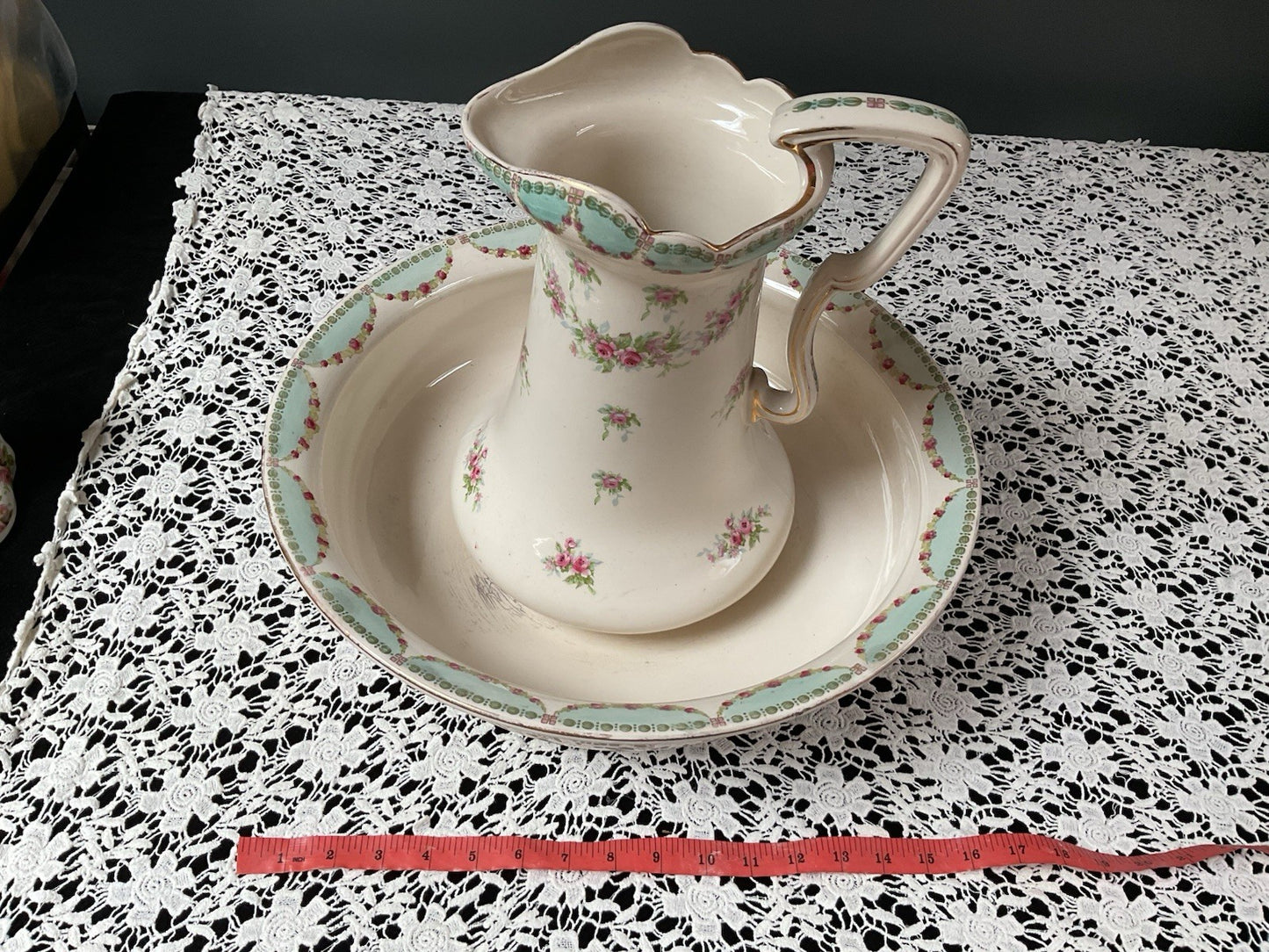 Antique Bavarian Wash Basin & Pitcher Set Dresden-Style Pink Rose (c. 1895–1915)