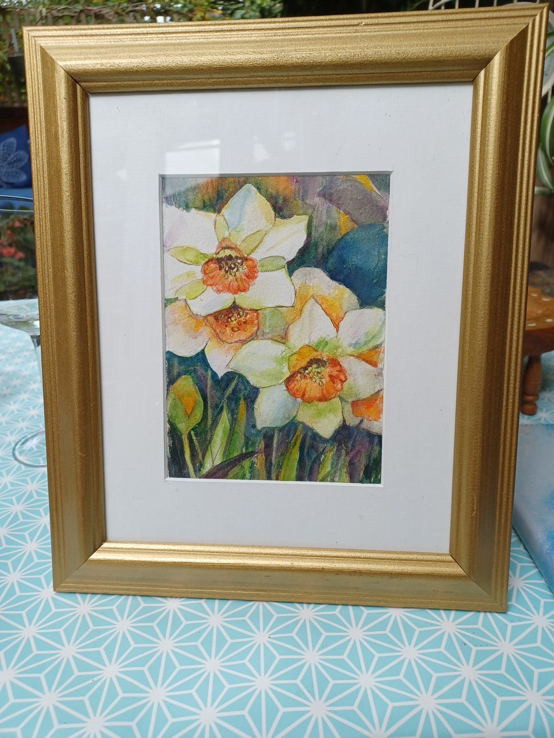 ORIGINAL Hand-Painted Watercolour Framed Daffodils / Narcissus Floral Art