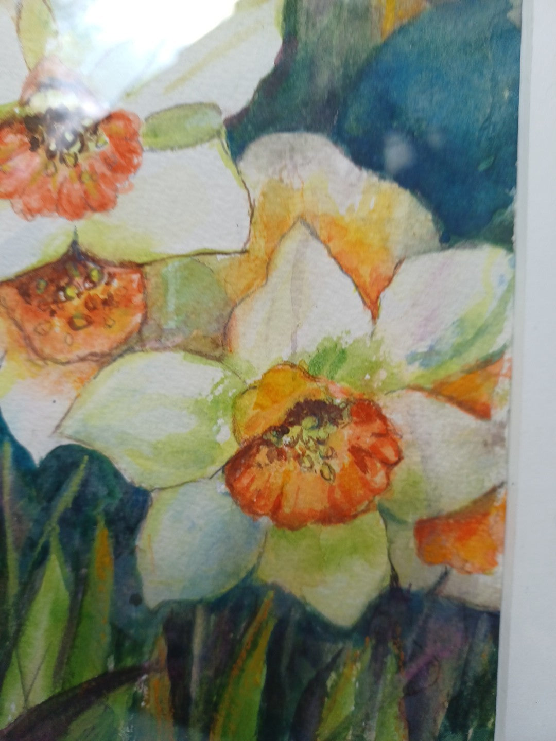 ORIGINAL Hand-Painted Watercolour Framed Daffodils / Narcissus Floral Art