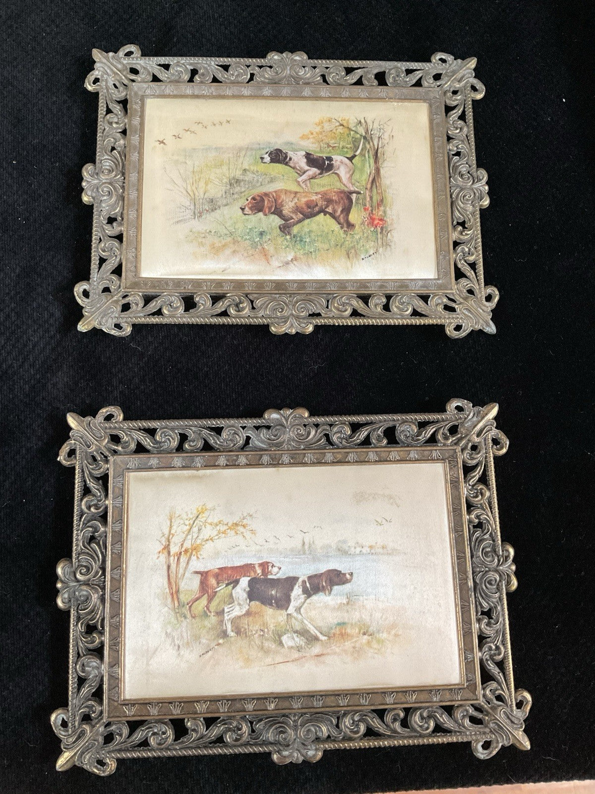 Pair of Antique Dog Hunting Scene Prints – Ornate Cast Metal Frames
