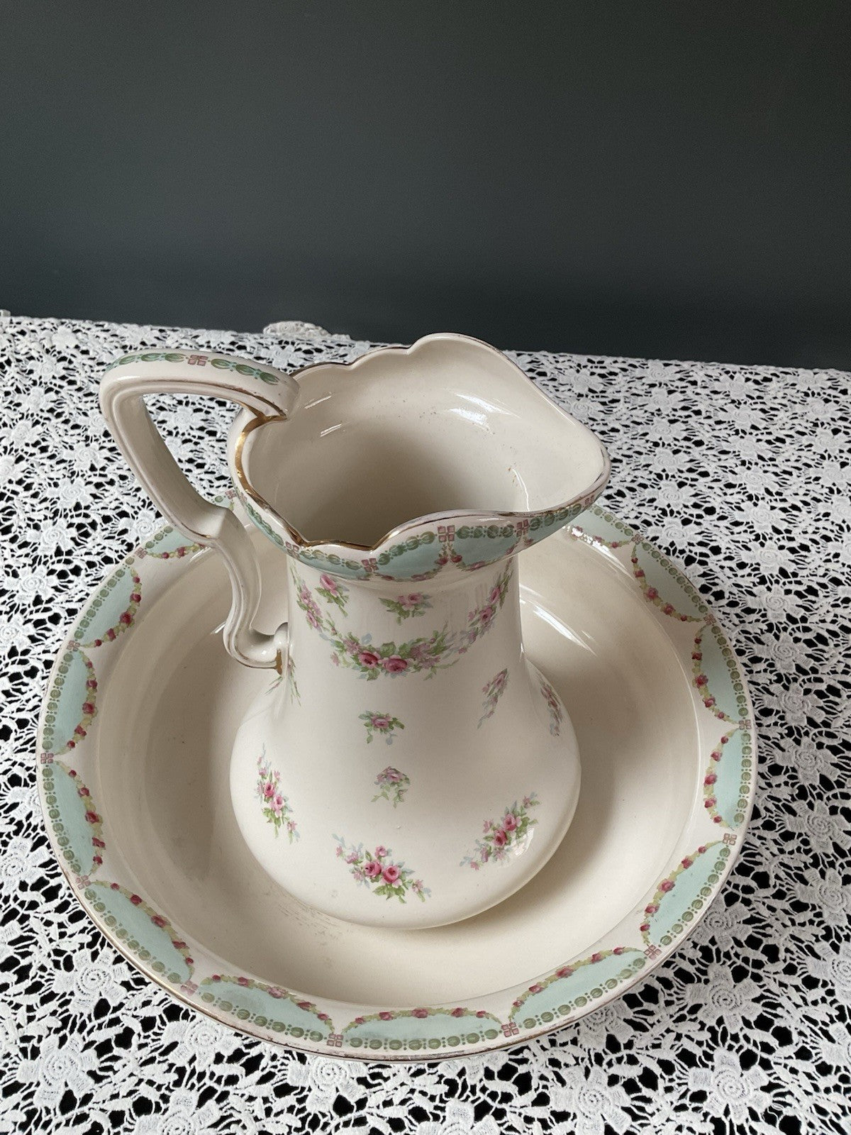 Antique Bavarian Wash Basin & Pitcher Set Dresden-Style Pink Rose (c. 1895–1915)
