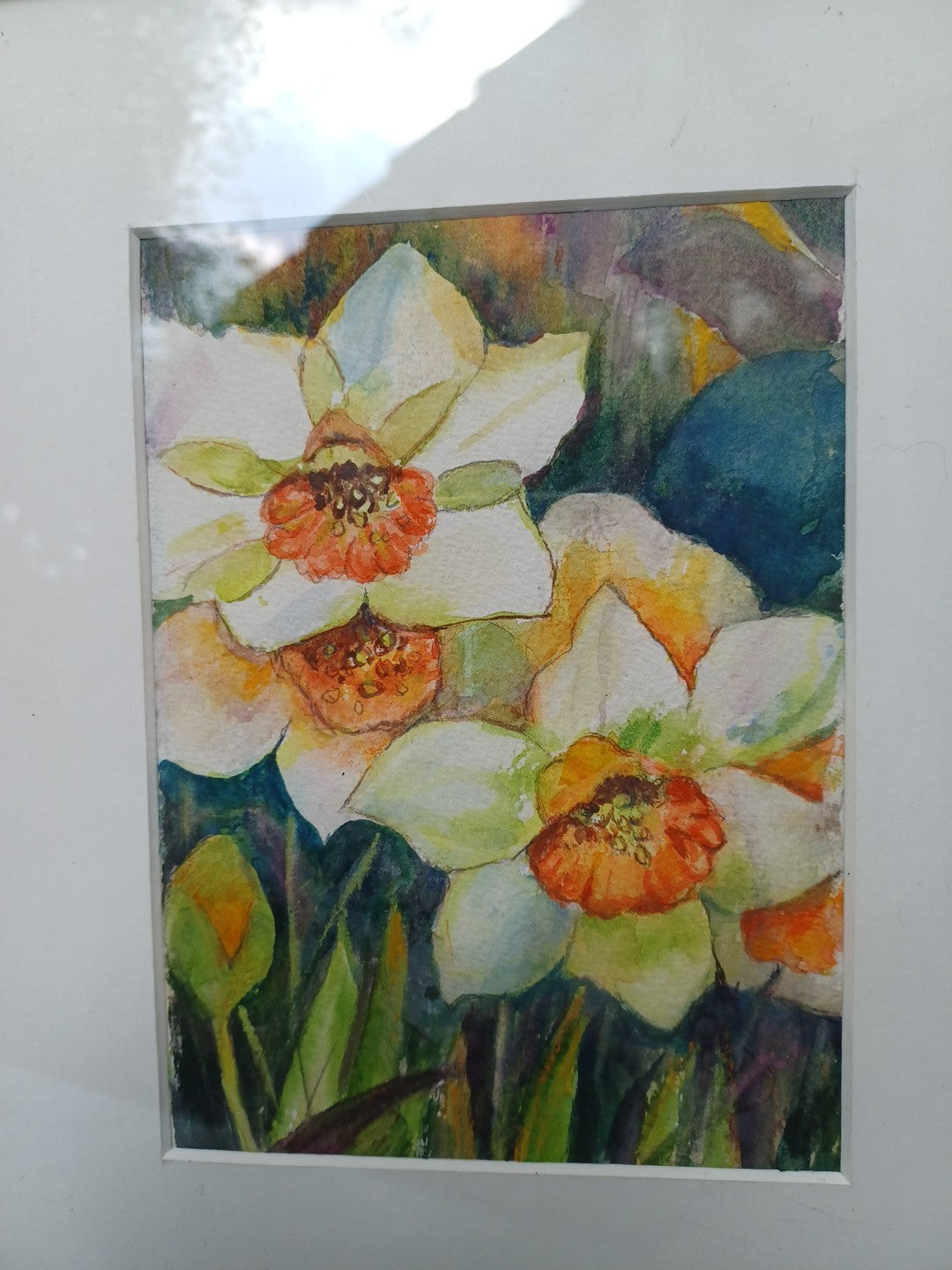 ORIGINAL Hand-Painted Watercolour Framed Daffodils / Narcissus Floral Art