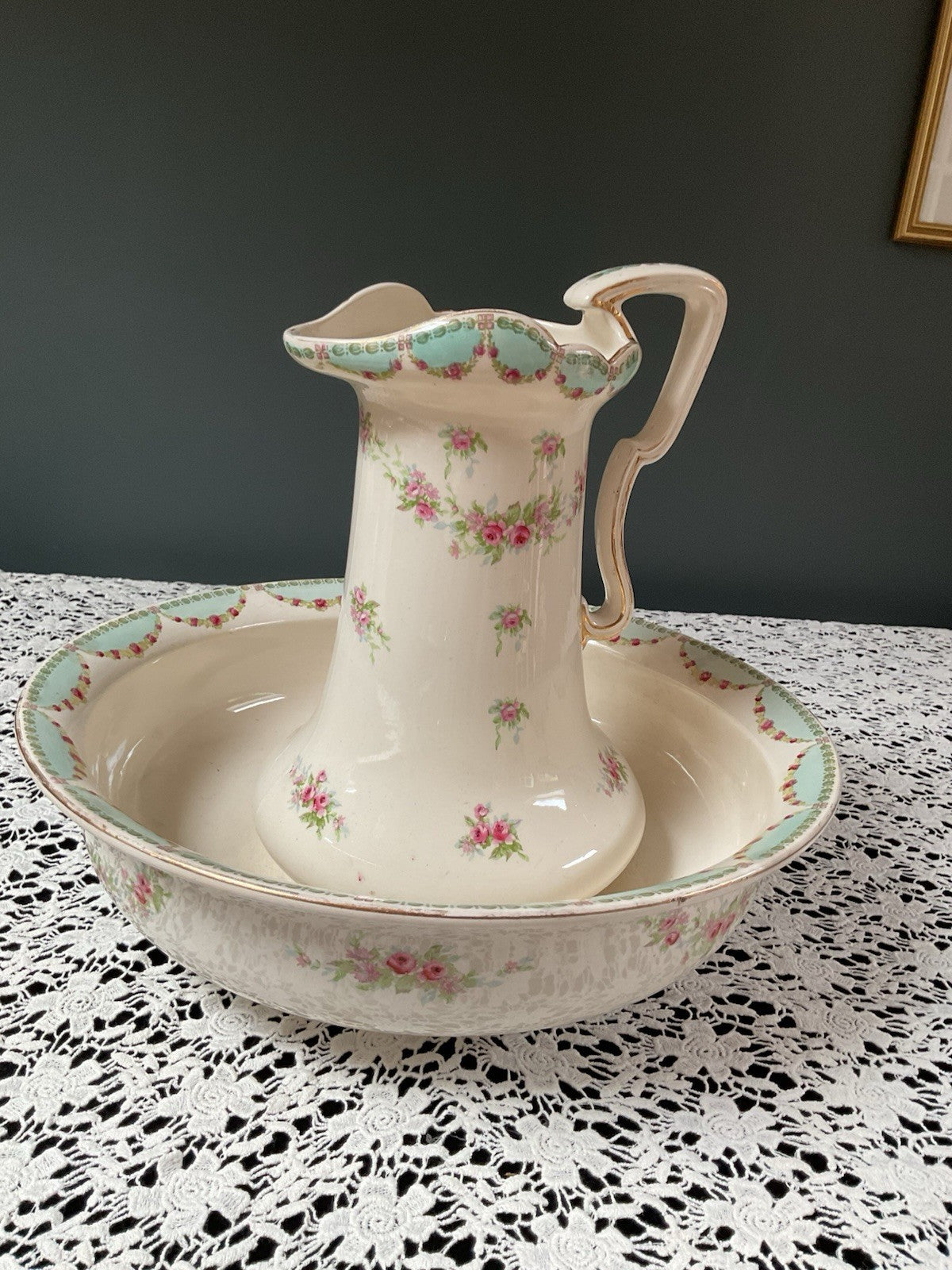 Antique Bavarian Wash Basin & Pitcher Set Dresden-Style Pink Rose (c. 1895–1915)