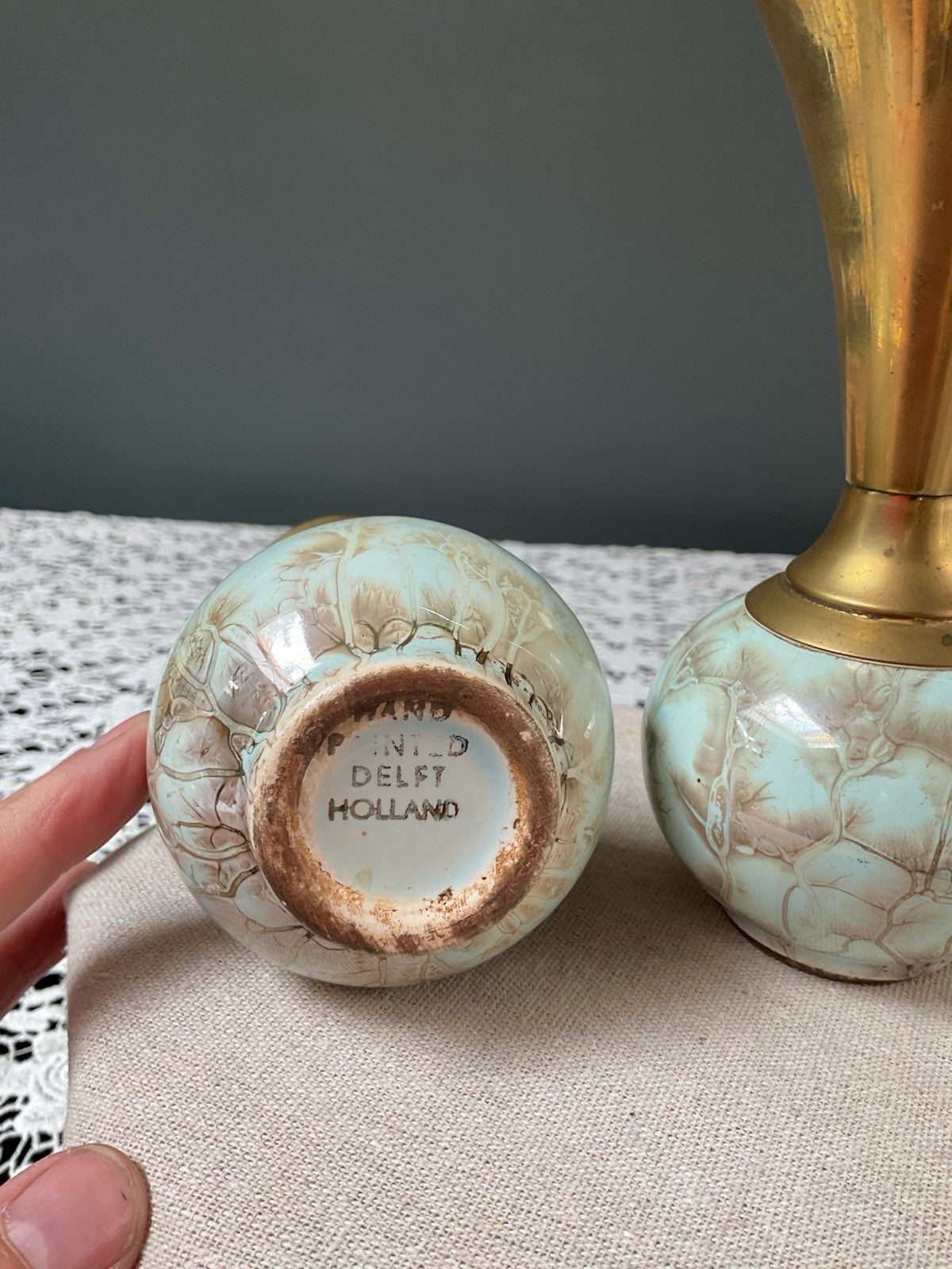 Pair of 15cm Vintage Handpainted Delft Holland Brass Neck Vases