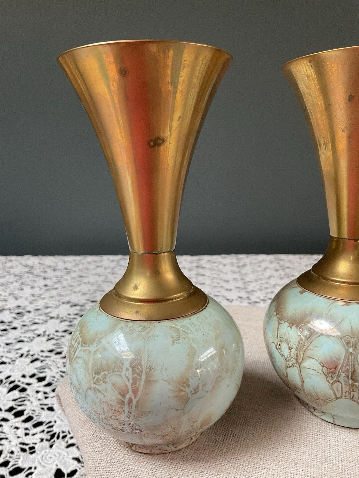 Pair of 15cm Vintage Handpainted Delft Holland Brass Neck Vases