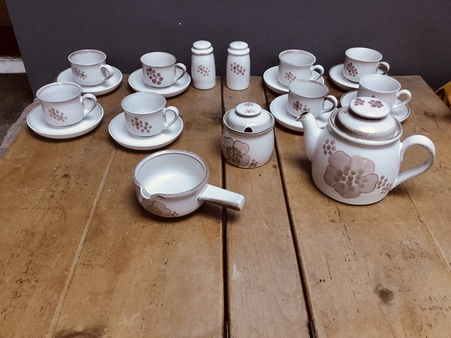 Vintage 70s Denby Gypsy Stoneware Teacup Saucer Set of 8 w/ Sugar Teapot, cruet