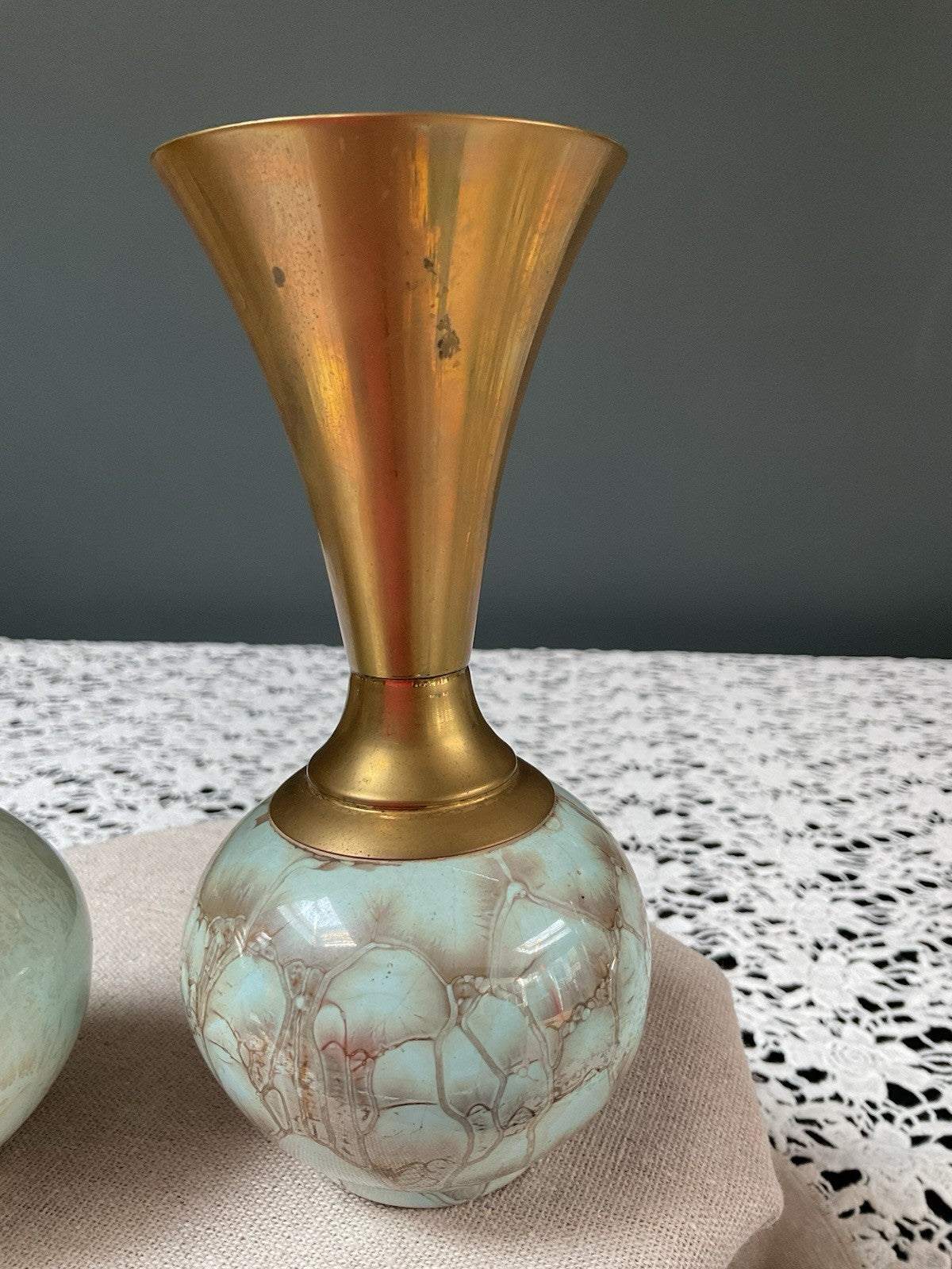 Pair of 15cm Vintage Handpainted Delft Holland Brass Neck Vases