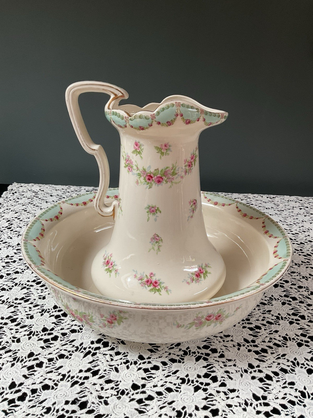 Antique Bavarian Wash Basin & Pitcher Set Dresden-Style Pink Rose (c. 1895–1915)