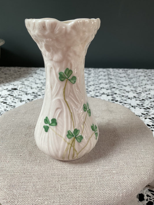 Belleek Pottery Ireland Vase – Shamrock Design – Small 4.5" – Hand-Painted