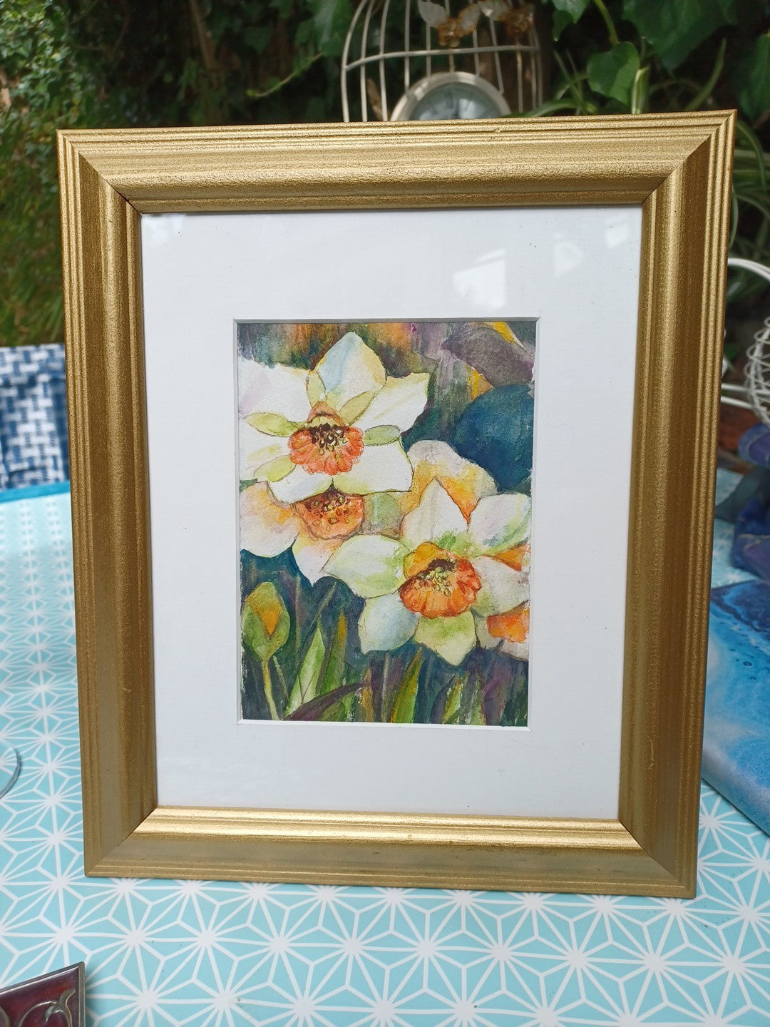 ORIGINAL Hand-Painted Watercolour Framed Daffodils / Narcissus Floral Art