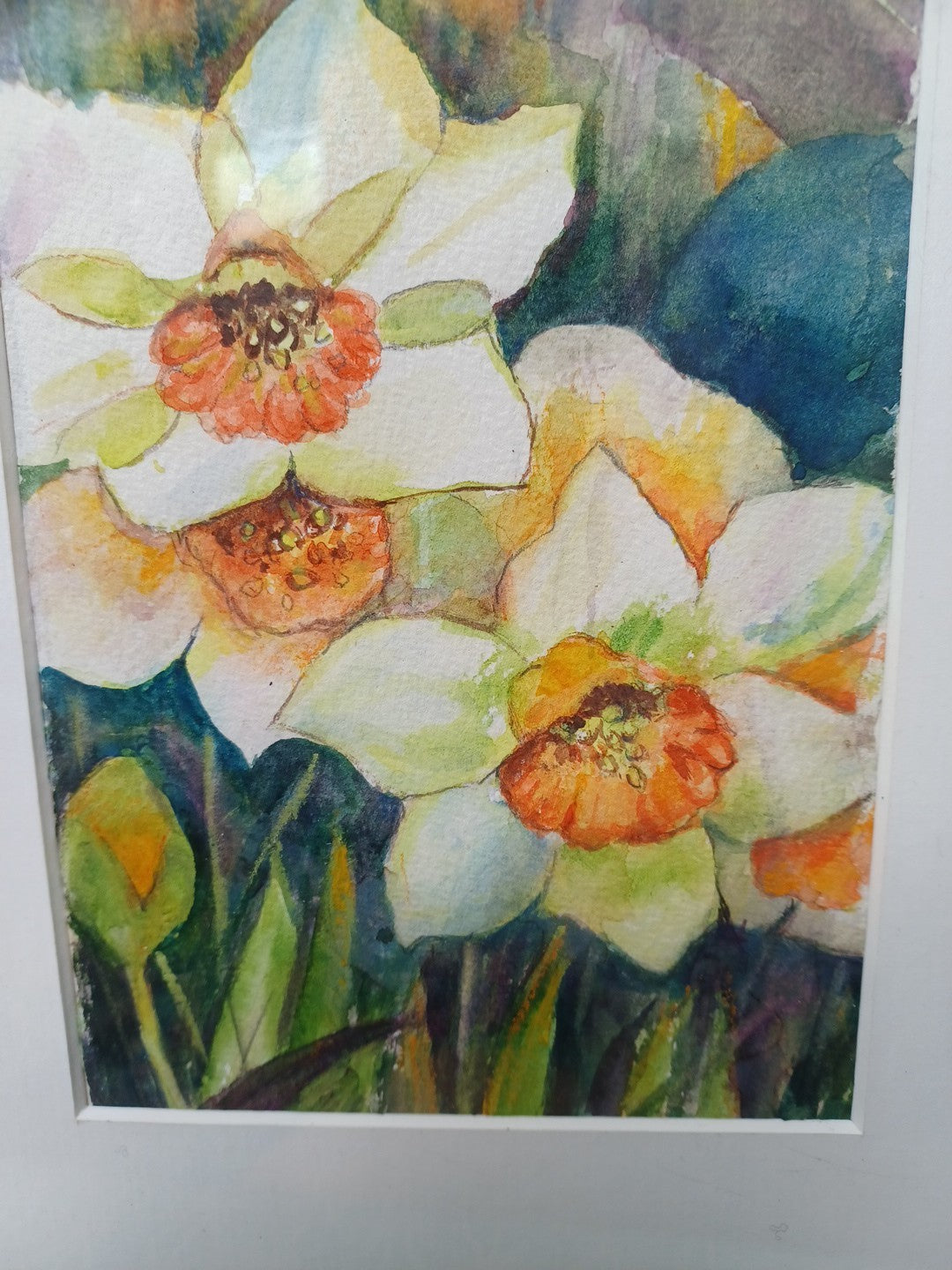 ORIGINAL Hand-Painted Watercolour Framed Daffodils / Narcissus Floral Art