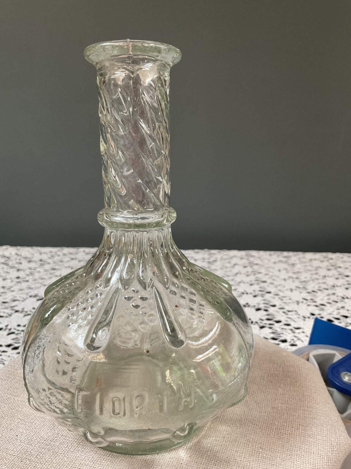 Vintage Greek Clear Glass Bottle – Embossed Classical Figures