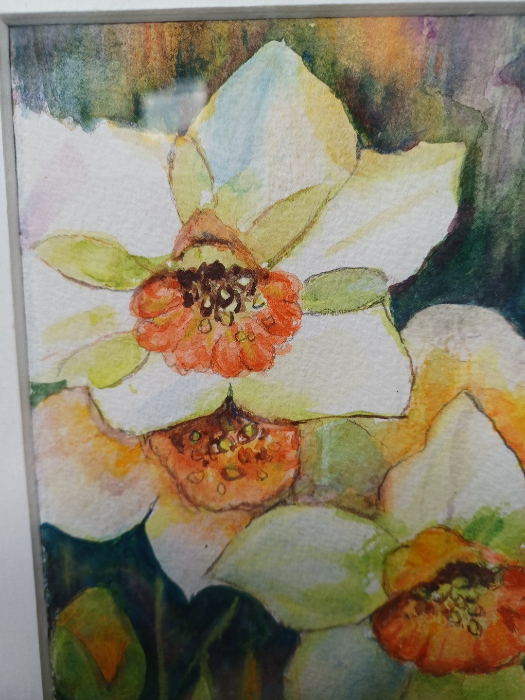 ORIGINAL Hand-Painted Watercolour Framed Daffodils / Narcissus Floral Art