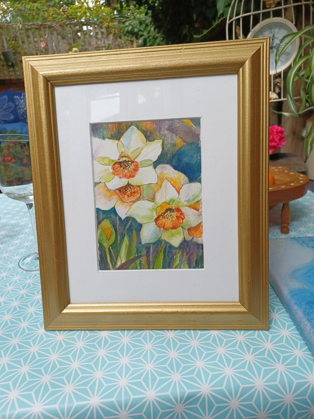 ORIGINAL Hand-Painted Watercolour Framed Daffodils / Narcissus Floral Art