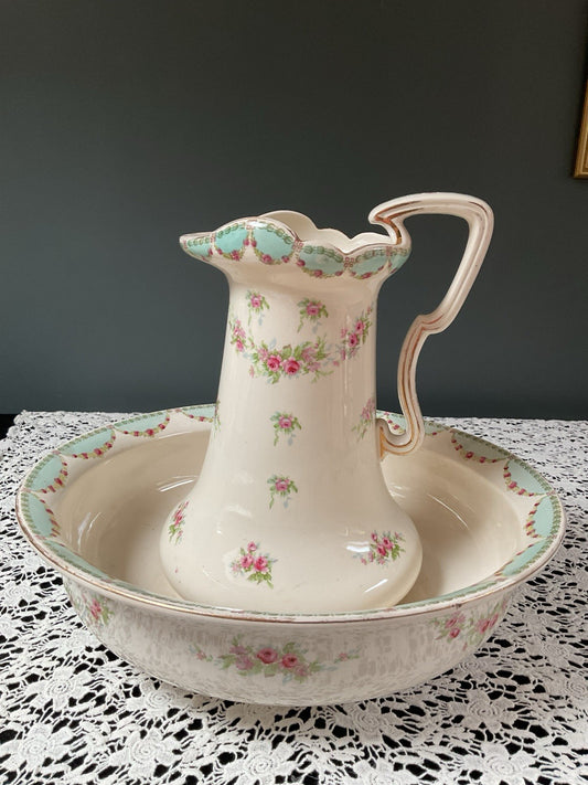 Antique Bavarian Wash Basin & Pitcher Set Dresden-Style Pink Rose (c. 1895–1915)
