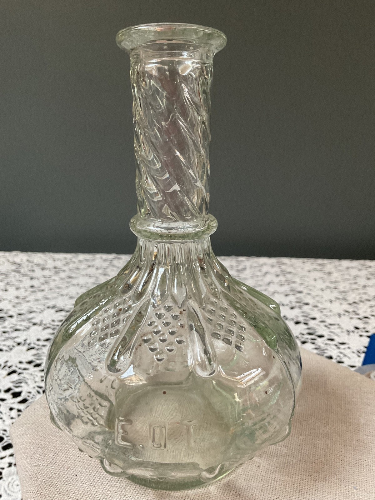 Vintage Greek Clear Glass Bottle – Embossed Classical Figures