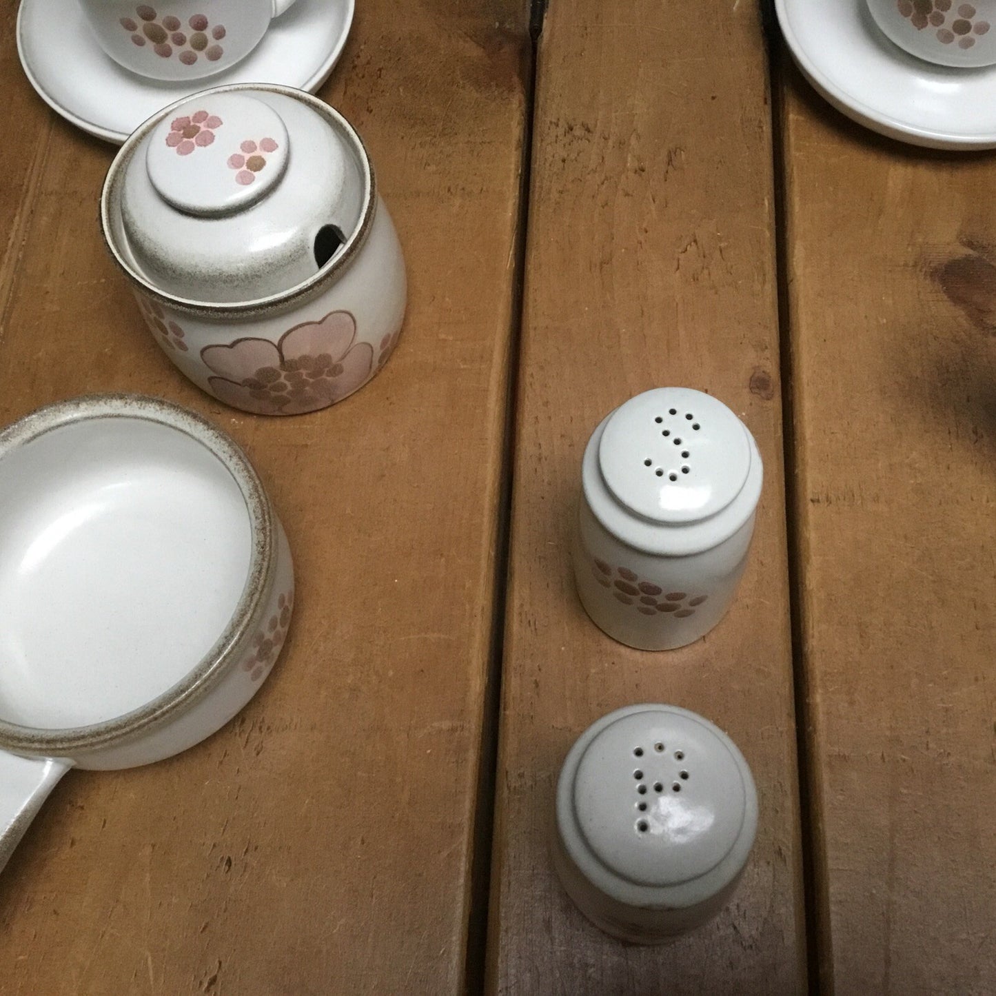 Vintage 70s Denby Gypsy Stoneware Teacup Saucer Set of 8 w/  Sugar Teapot, cruet