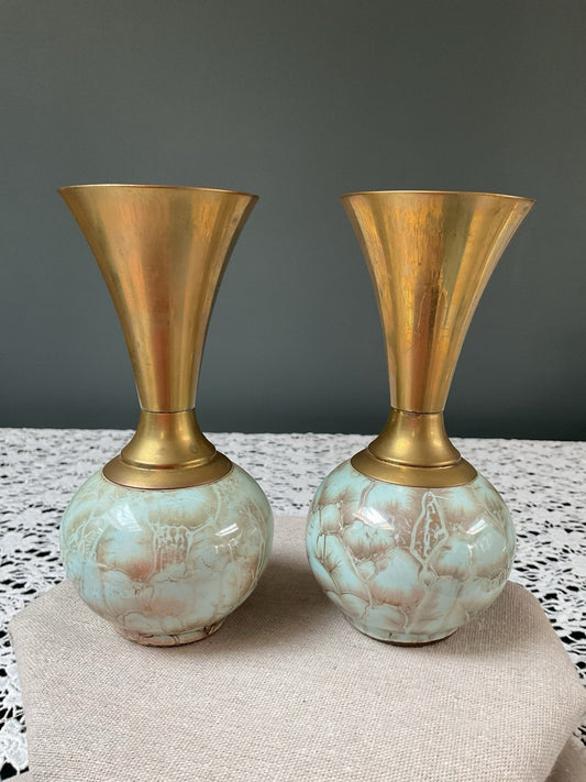 Pair of 15cm Vintage Handpainted Delft Holland Brass Neck Vases