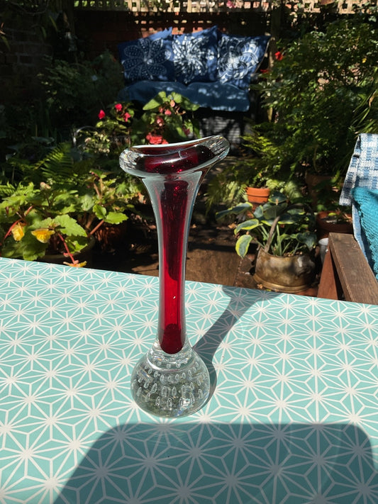 Vintage Ruby Red & Clear Art Glass Bud Vase