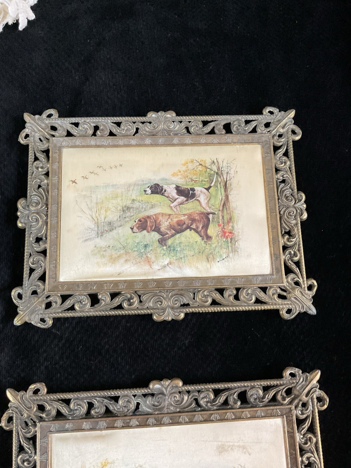 Pair of Antique Dog Hunting Scene Prints – Ornate Cast Metal Frames