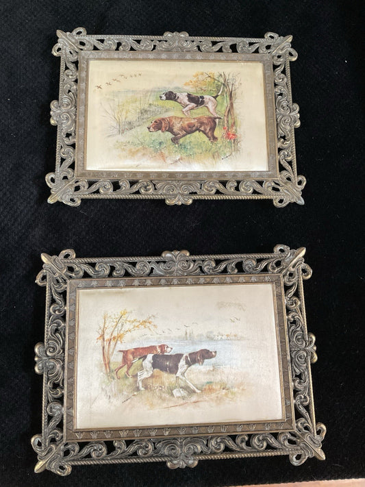 Pair of Antique Dog Hunting Scene Prints – Ornate Cast Metal Frames