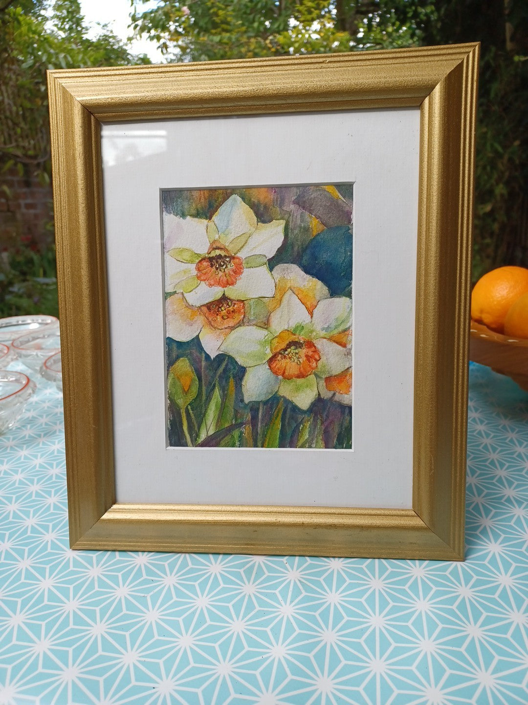 ORIGINAL Hand-Painted Watercolour Framed Daffodils / Narcissus Floral Art