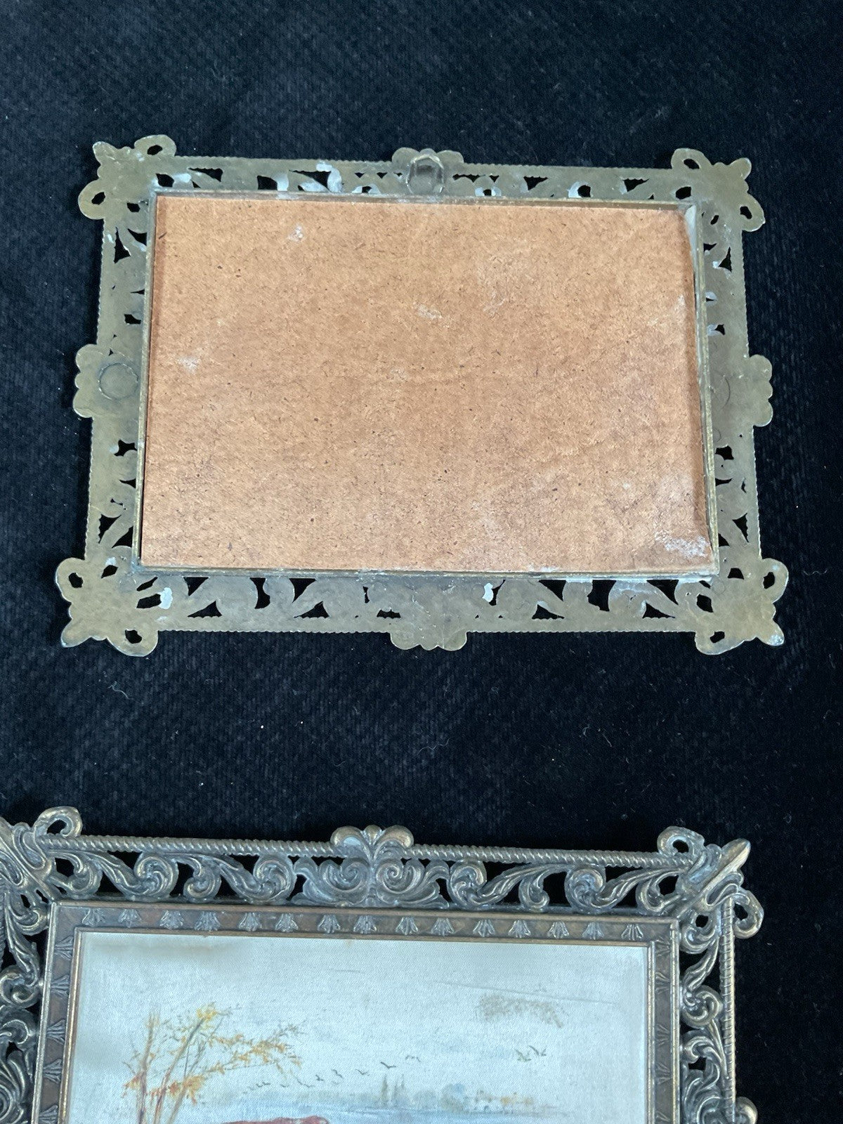 Pair of Antique Dog Hunting Scene Prints – Ornate Cast Metal Frames