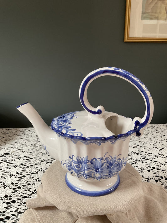Vintage Blue & White Hand-Painted Ceramic Watering Can Pitcher – Floral – Decora